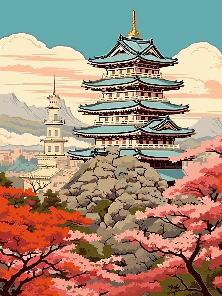 Himeji Castle, Japan Vintage Travel Art 4