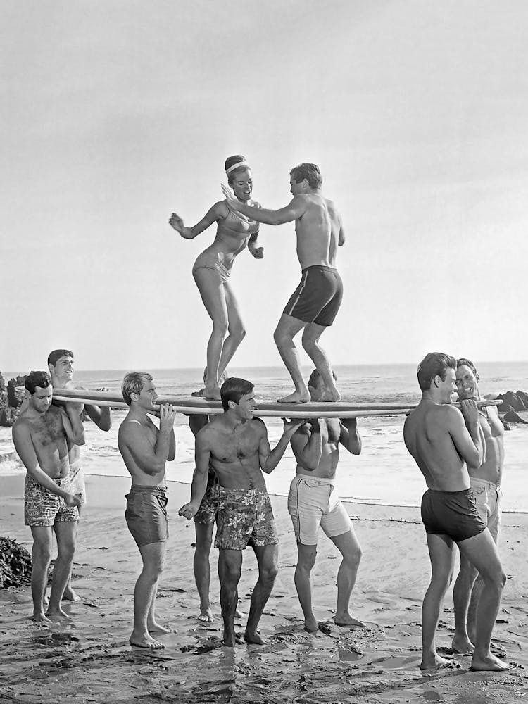 Dancing On Surfboard, Black and White Old Photo, Vintage Beach