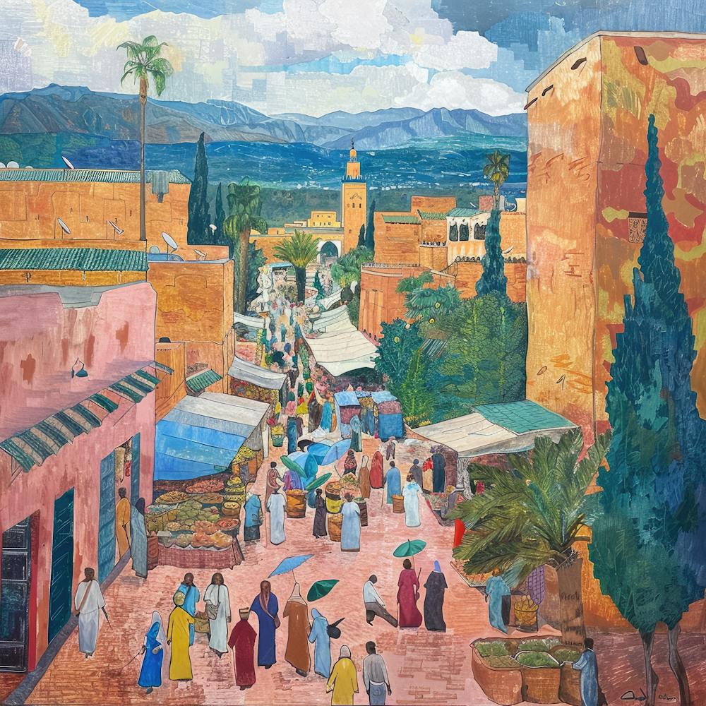Im Stil von David Hockney. Freiluftmarkt in Marrakech.