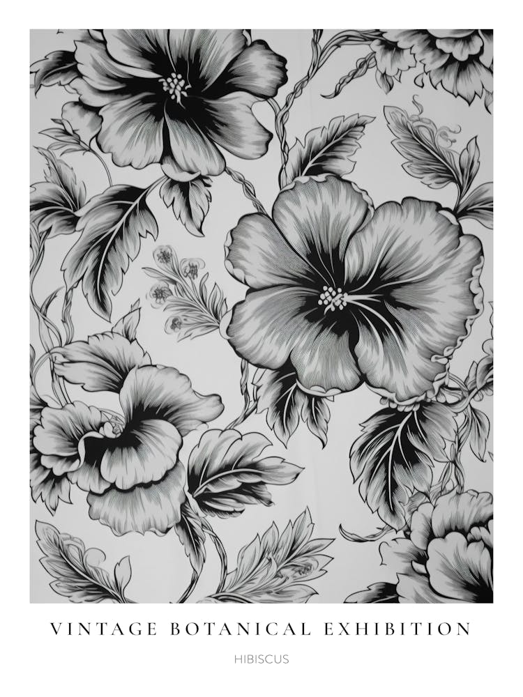Hibiscus 2 B&W Vintage Botanical Poster