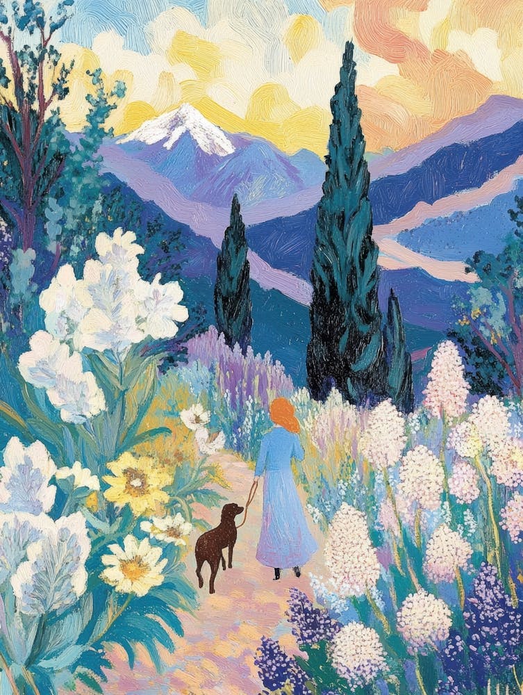 Walking A Dog In The Garden Colorful