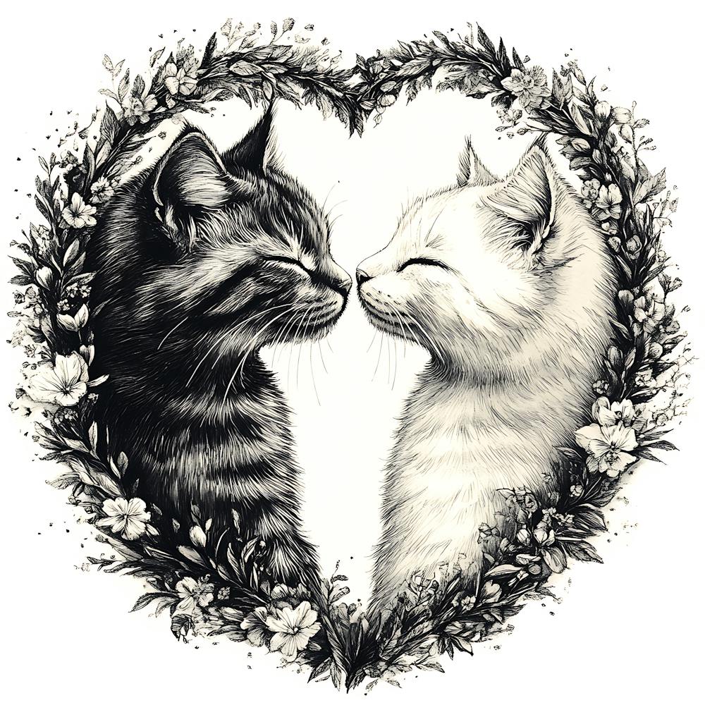 Delicate Ink Drawing of Cats Love Heart 5