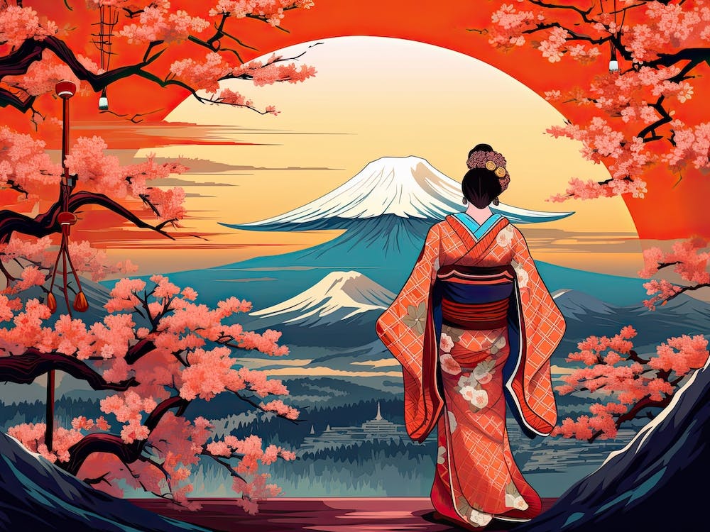 Ukiyo E Mount Fuji Japan Geisha Colour 5