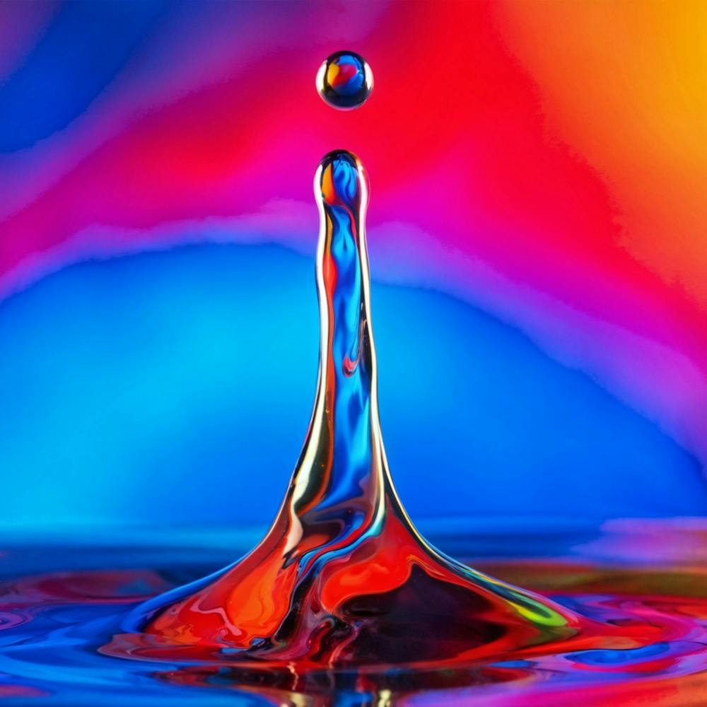 Abstract 3d Liquid Art Capturing Dynamic Drops Of Milk Awash In A Gradient Of Red Yellow Blue Or