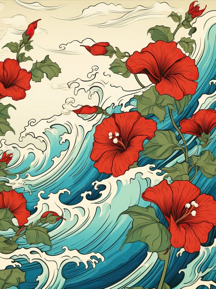 Great Wave With Morning Glory Flower Drawing In The Style Of Ukiyo E 1