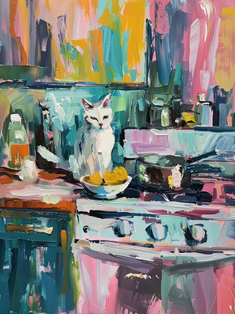 White Cat In The Kitchen