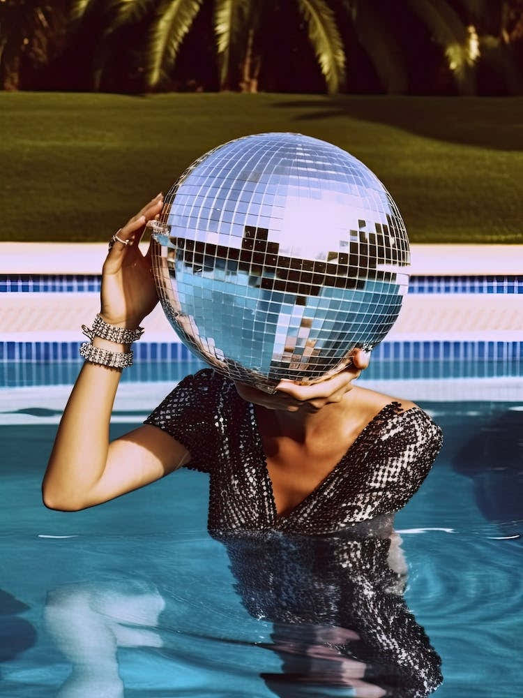 Woman Pool Disco Ball Fashion Photography 3