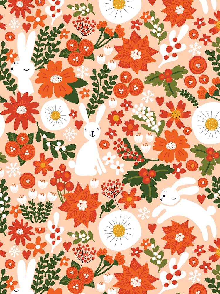 Christmas Bunnies and Botanicals Red and Green Winter Florals and Rabbits