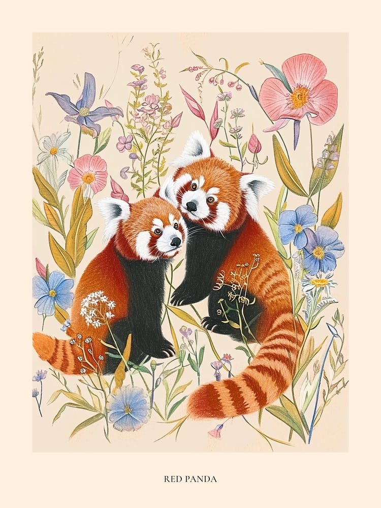 Folksy Floral Animal Drawing Red Panda 4 Poster