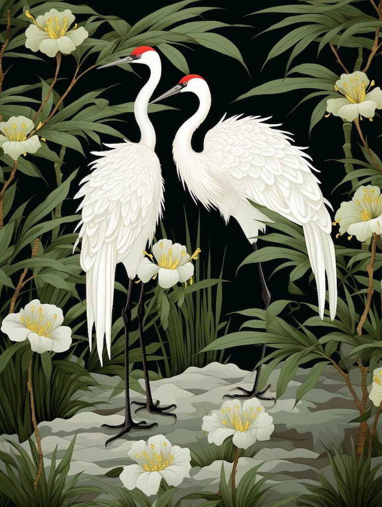 Green And White Cranes 3 Vintage Japanese Botanical