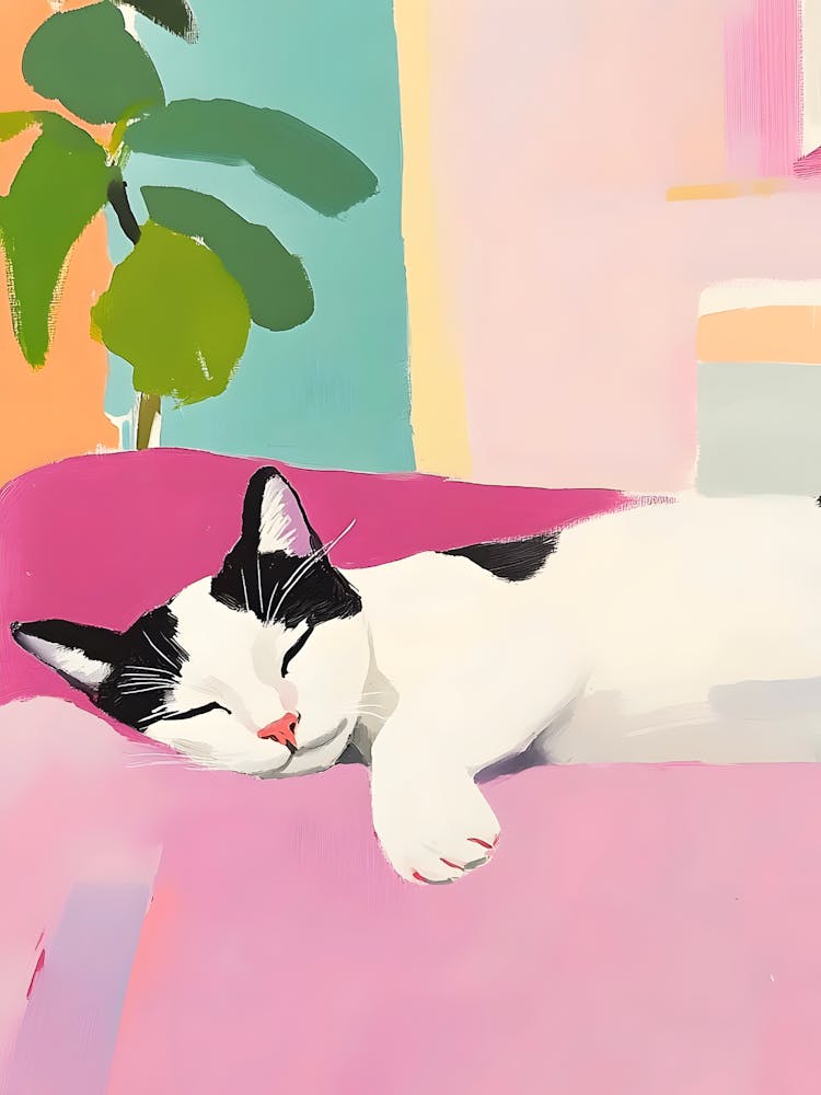 Cat Sleeping On Pink Couch