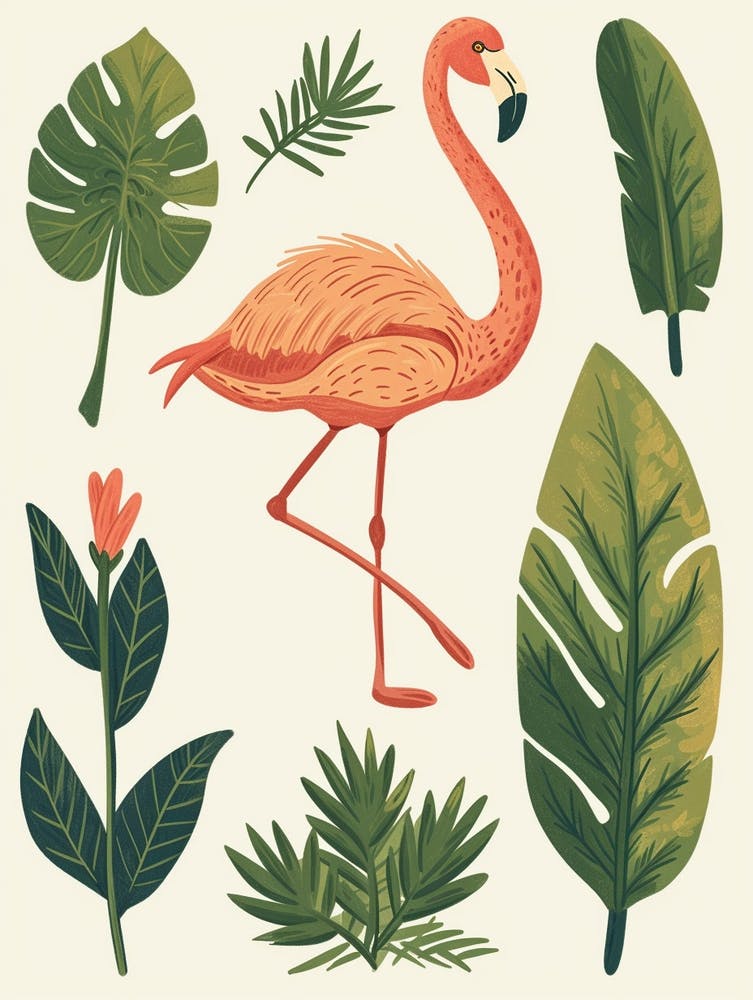 Jamess Flamingo And Croton Plants Minimalist Illustration 2