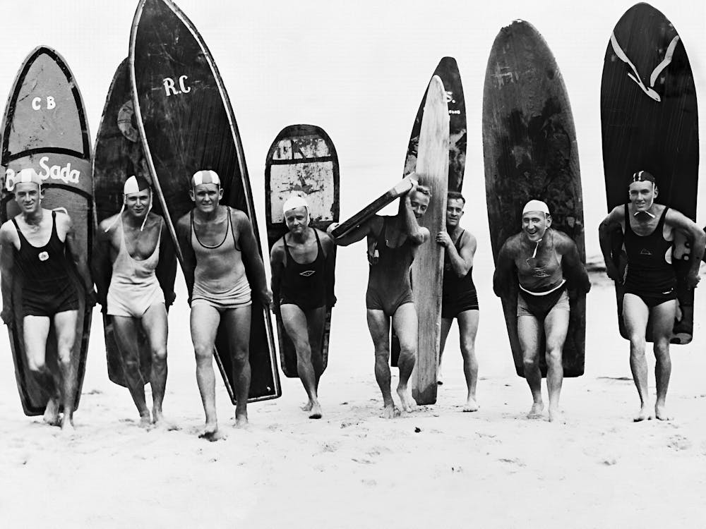 Surfers, Men With Surfboards, Vintage Black and White Old Photo, Vintage Beach Art