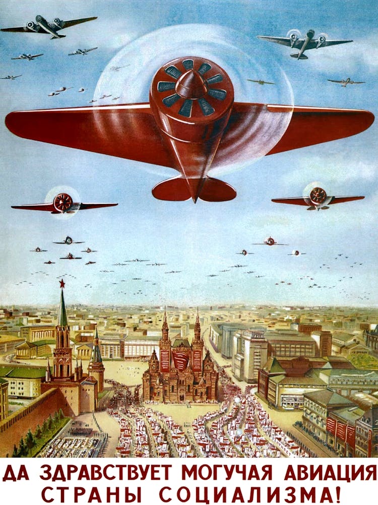 Greetings To Our Mighty Aviation Ussr Vintage Propaganda Poster
