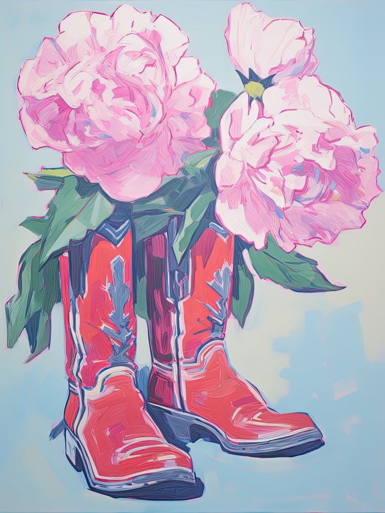 A Painting Of Cowboy Boots With Pink Flowers, Fauvist Style, Still Life 8