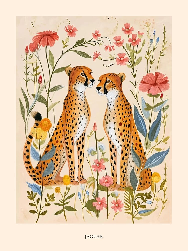 Folksy Floral Animal Drawing Jaguar Poster