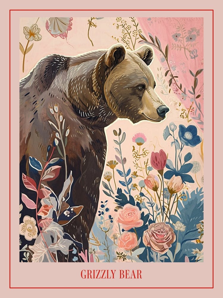 Floral Animal Painting Grizzly Bear 1 Poster