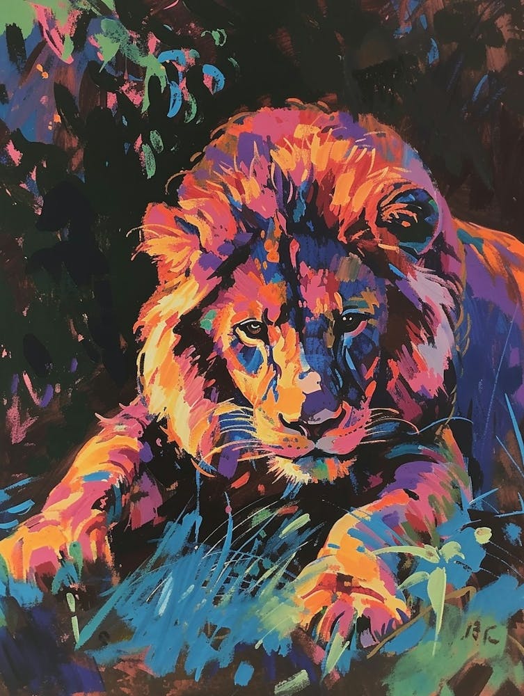 Asiatic Lion Night Hunt Fauvist Painting 3