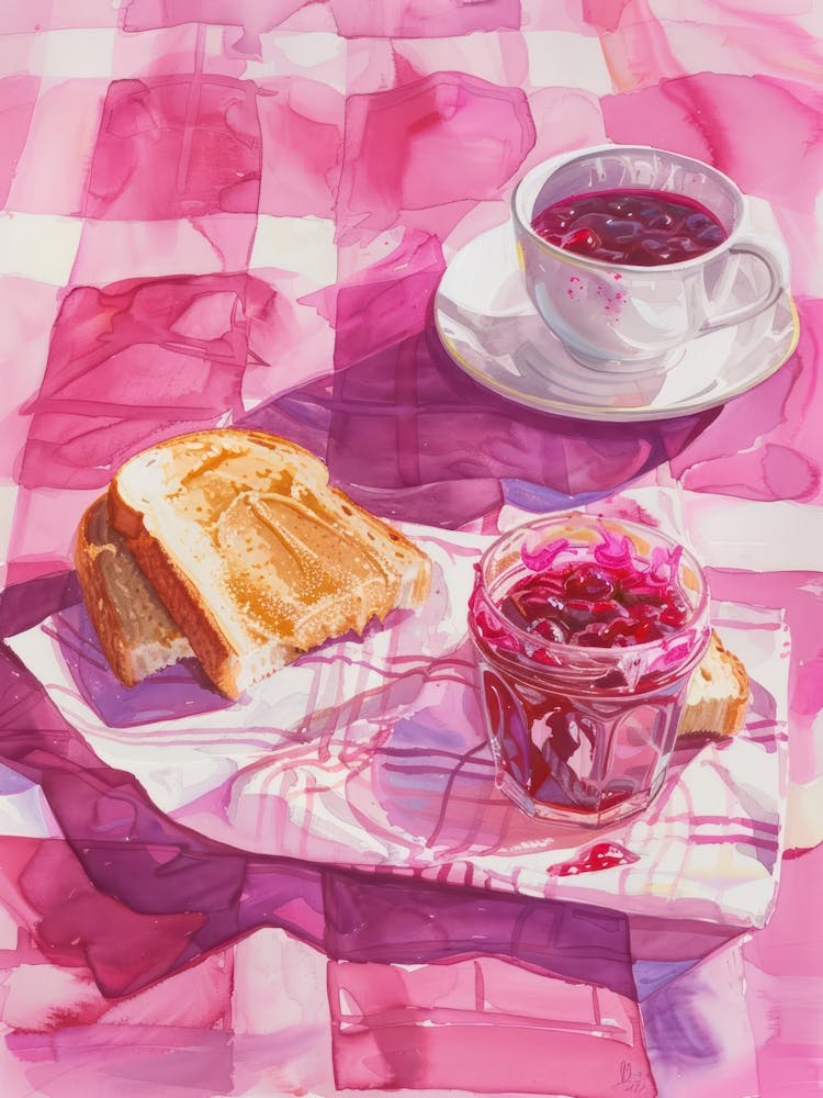 Rosa Frühstück Essen Erdnussbutter und Marmelade 3