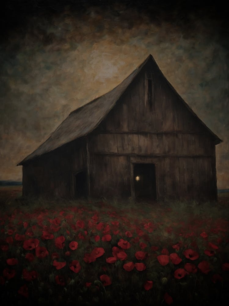 Gloomy Dark Aesthetic Haunted Barn | Spooky Poppy Fields On a Stormy Night | Perfect Creepy Halloween Decor With Orb Inside | Samhain Ghostly Painting Dark Academia
