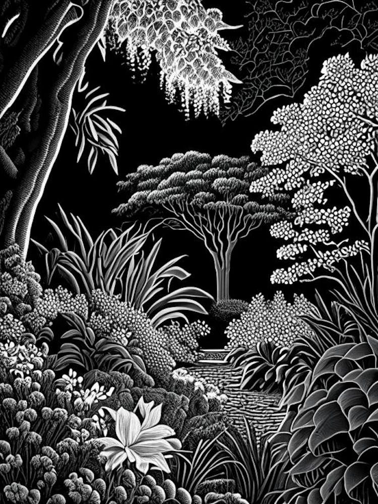Leu Gardens, Usa Linocut Black And White Vintage