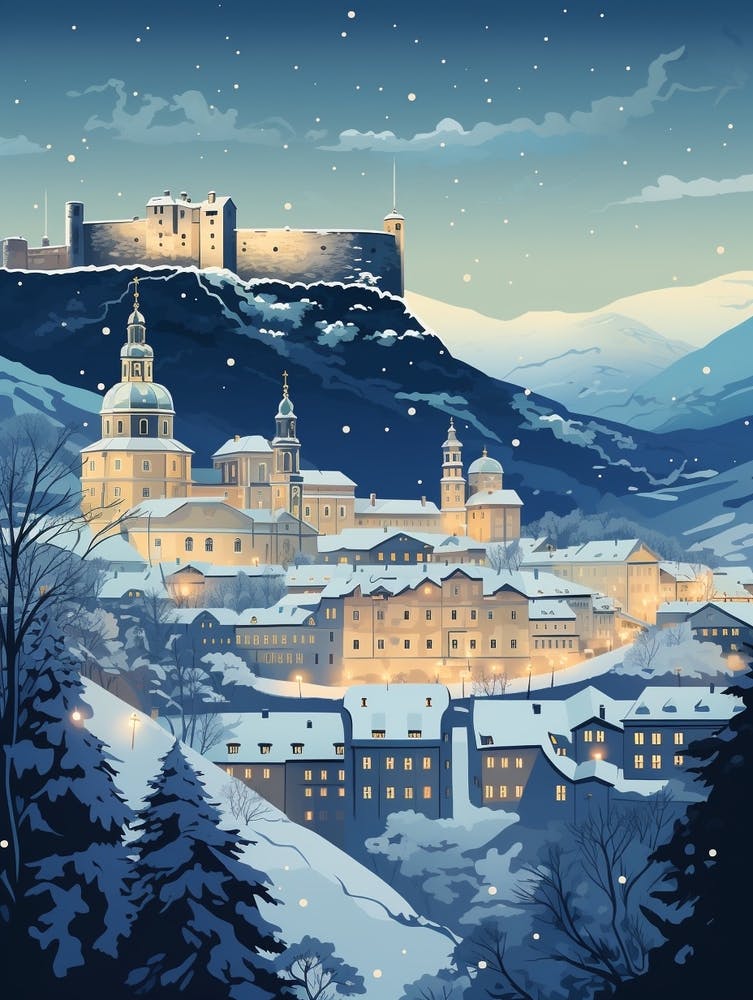 Winter Travel Night Illustration Salzburg Austria 2