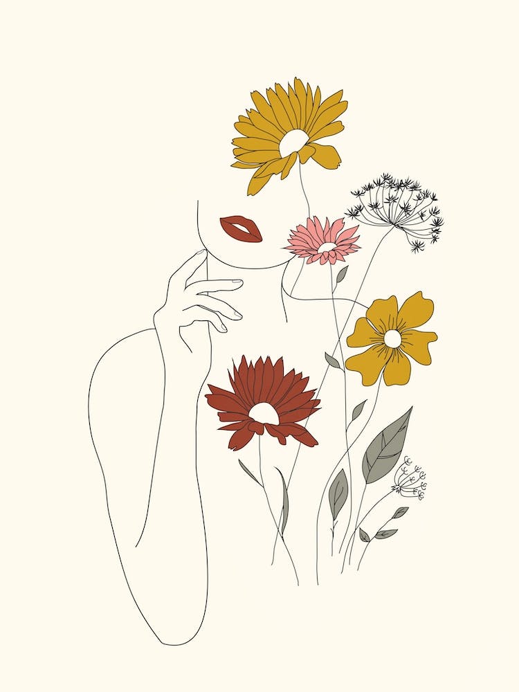 Colorful Thoughts Minimal Line Art Woman With Flowers III