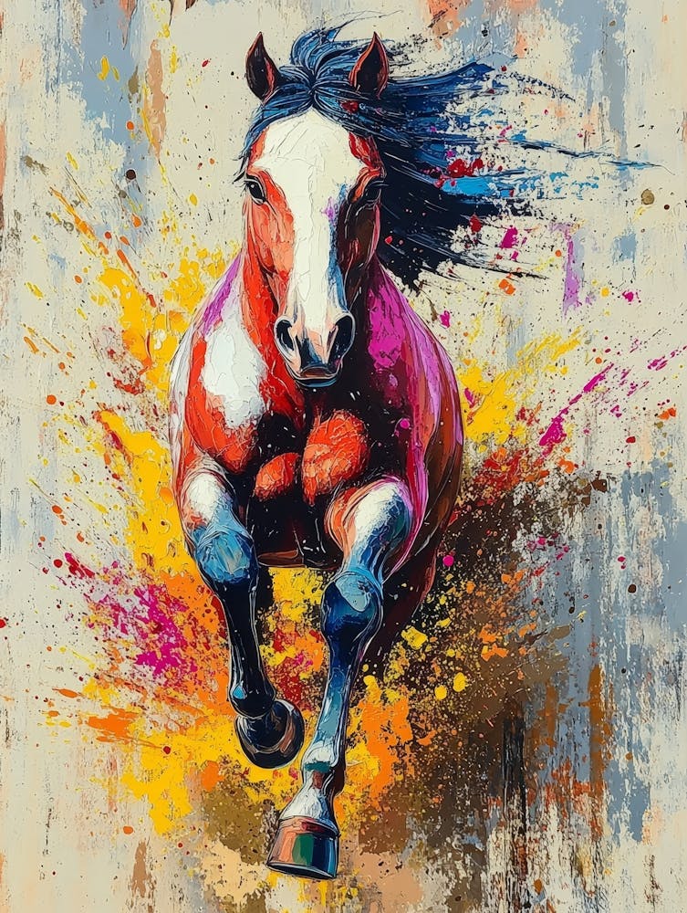 Colorful Abstract Painting Of A Horse In Motion With Vibrant Splashes Of Paint On A Textured 1