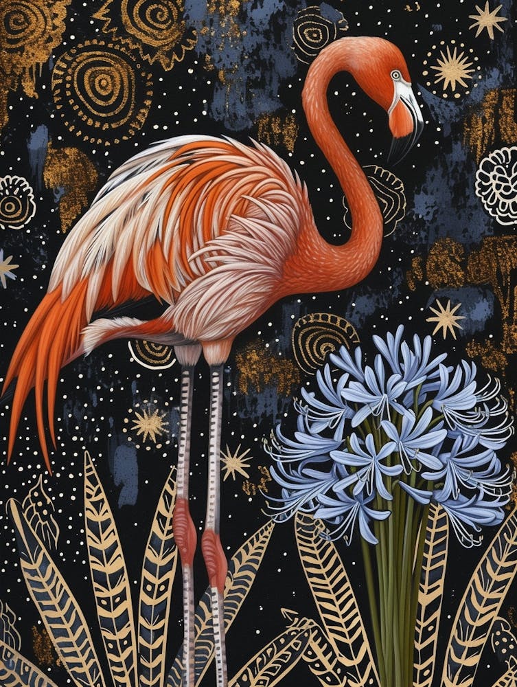 Großer Flamingo und Agapanthus Boho Druck 3