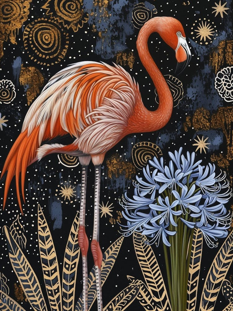 Greater Flamingo And Agapanthus Boho Print 3