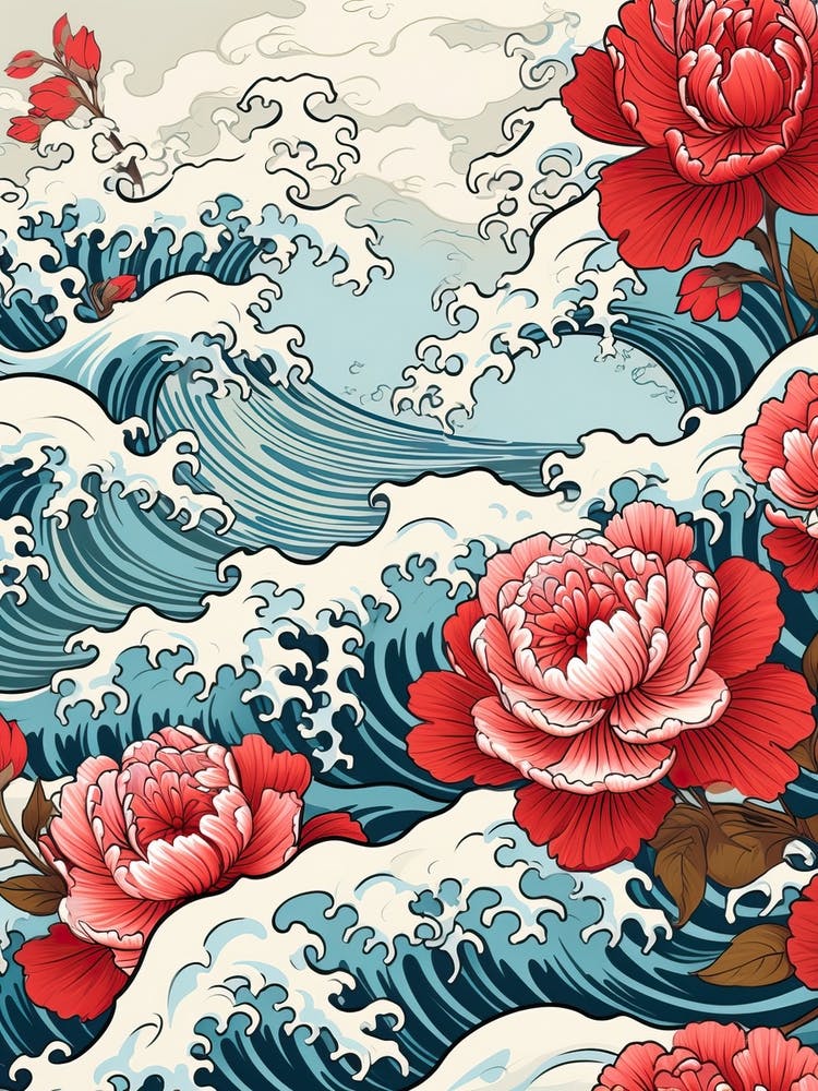 Great Wave With Camellia Flower Drawing In The Style Of Ukiyo E 1