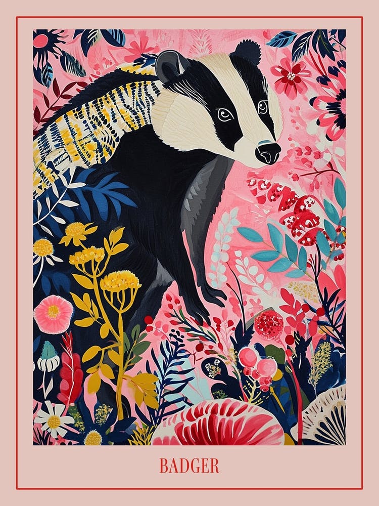 Floral Animal Painting Badger 1 Poster