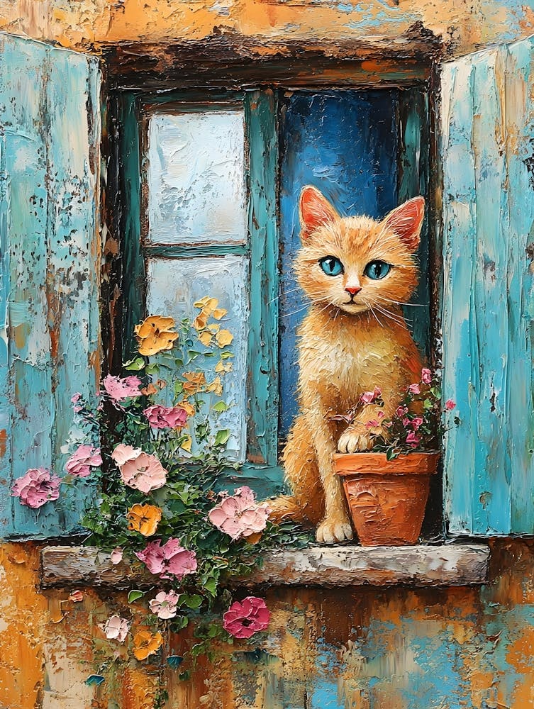 Cat In Window With Flowers 3