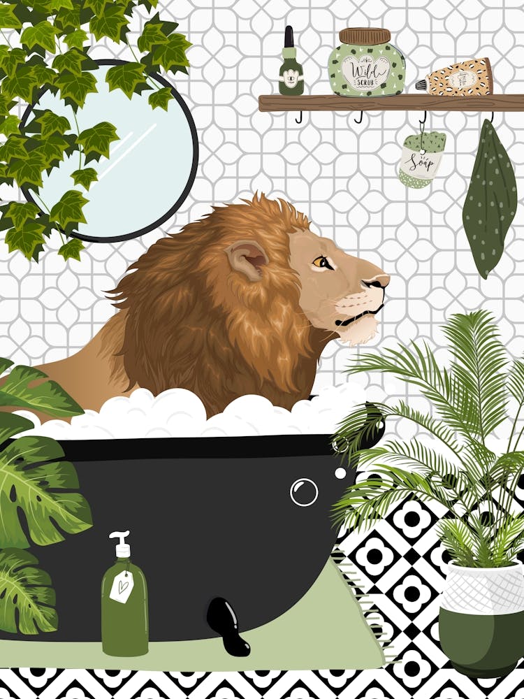 Lion In Bath Black And White