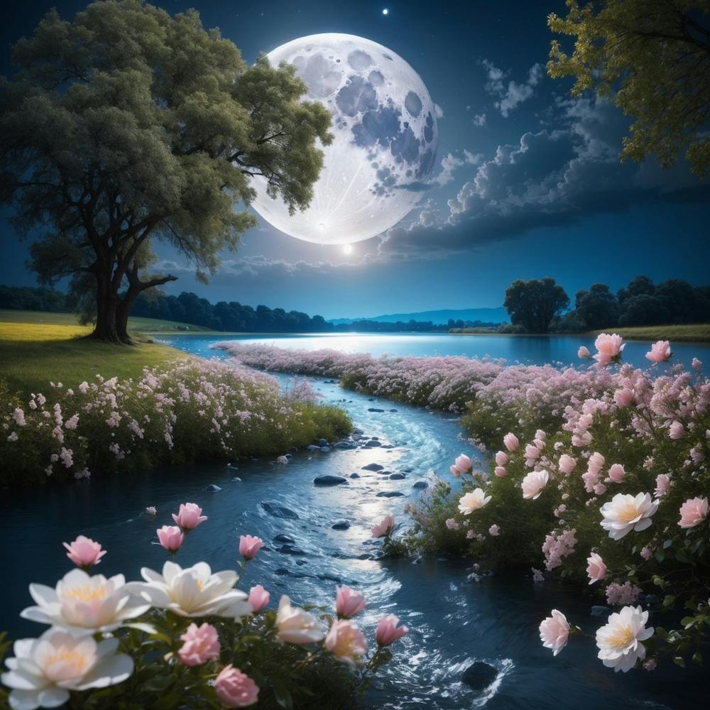 Full Moon Over Flowers