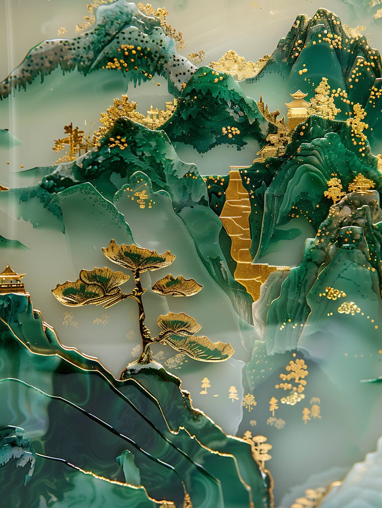 Gold Inlaid Jade Carving Landscape 8