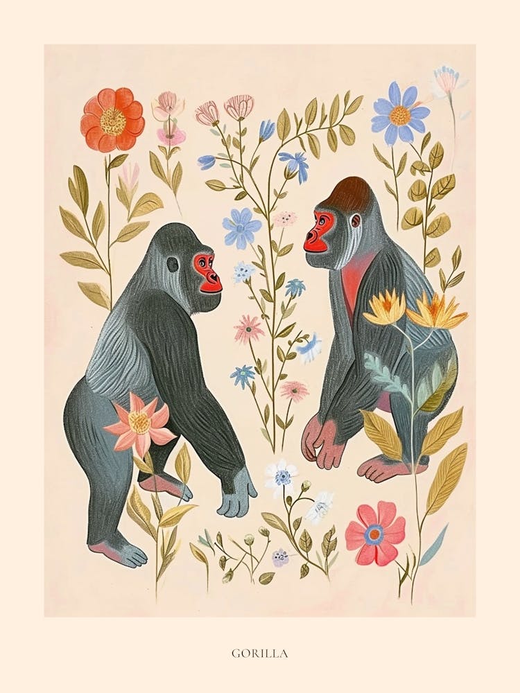 Volkstümliche Blumen Tierzeichnung Gorilla 6 Poster