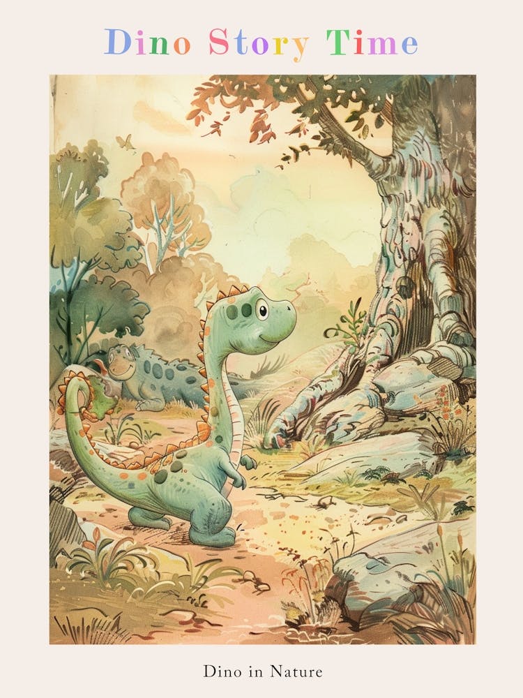 Cute Dinosaur In The Wood Storybook Style Poster