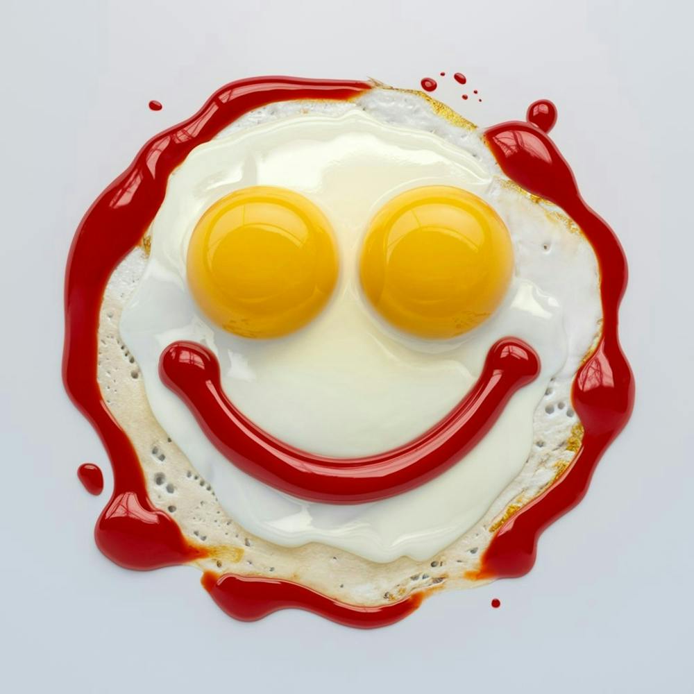 Sunny Side Up With A Happy Face Made Out Of Ketchup Sauce, 3d Render, Poster, Product, Photo, Vibrant