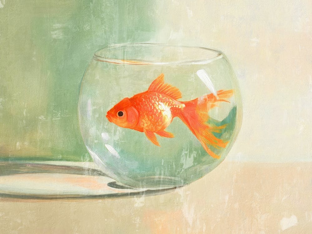 Goldfish in glass bowl painting in Soft pastel for coastal or beachy decor, Minimalist still life Beige and Green cute wall art for bathrooms and kitchens, Whimsical artwork for kids rooms and nusery