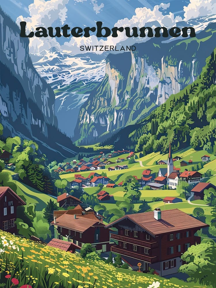 Lauterbrunnen Switzerland Countryside Travel Illustration