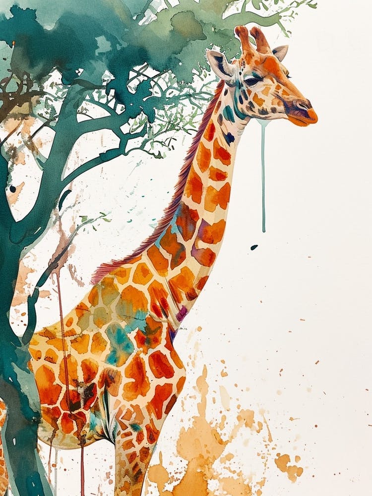 Giraffe Under The Acacia Tree Watercolour 1