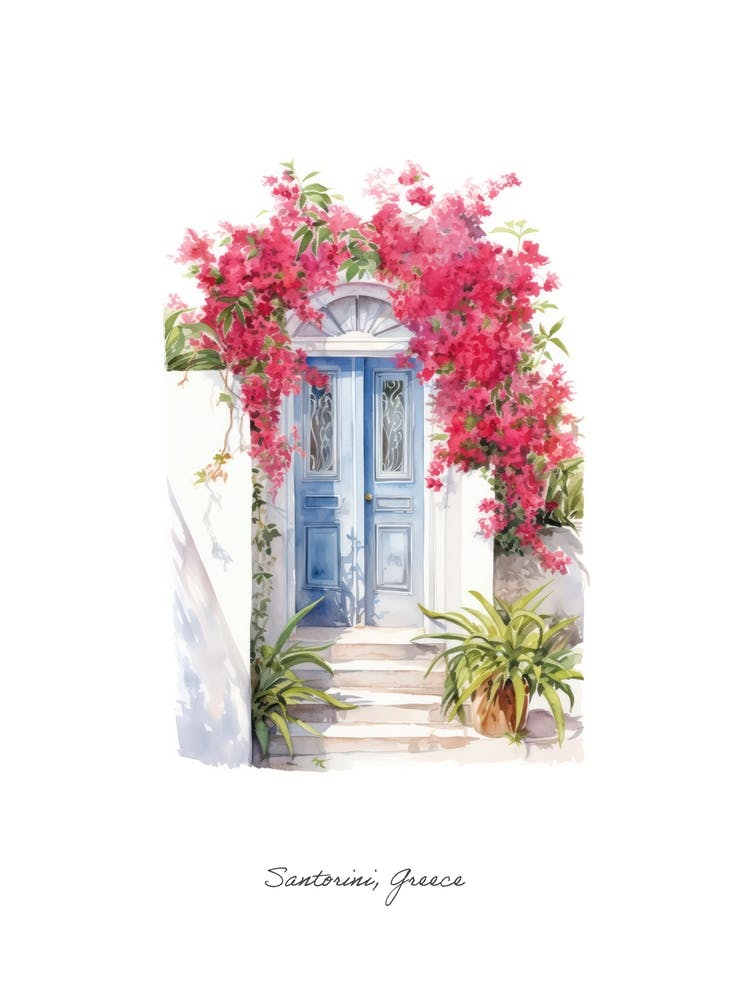 Santorini, Griechenland Mediterrane Türen Aquarellgemälde 2 Poster