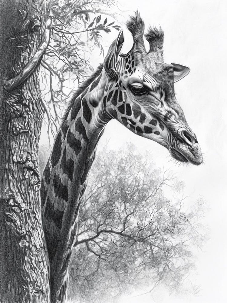 Giraffe Scratching Against A Tree Pencil Drawing 2