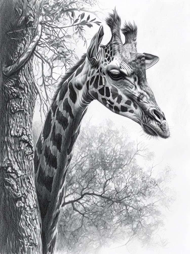 Giraffe Scratching Against A Tree Pencil Drawing 2