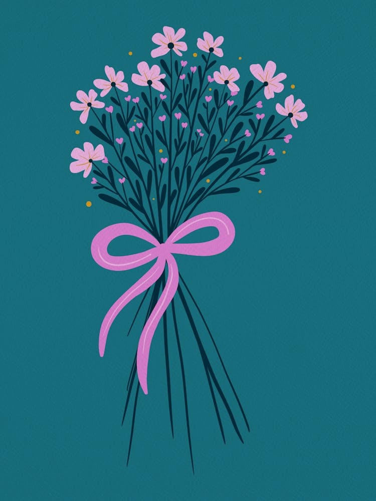 Floral Bouquet With Bow Pink and Turquoise