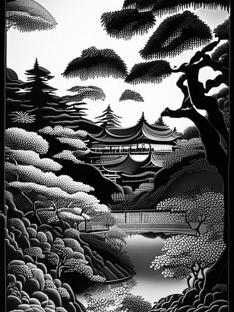 Adachi Museum Of Art, Japan Linocut Black And White Vintage