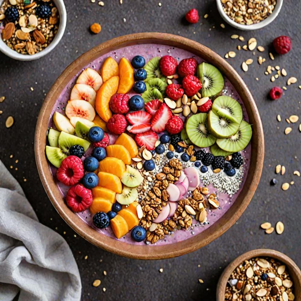 A Vibrant Smoothie Bowl Topped With Fresh Fruits Chia Seeds Coconut Flakes And Granola Presented In
