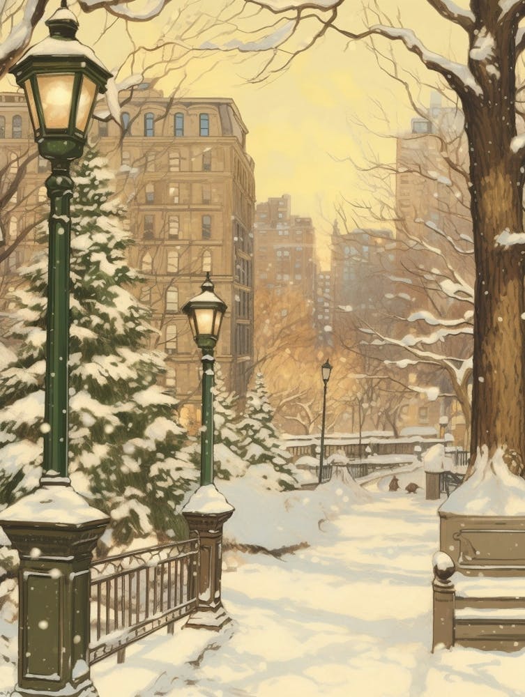 Vintage Winter Illustration New York City Usa 1