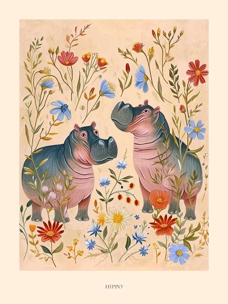 Folksy Floral Animal Drawing Hippo Poster